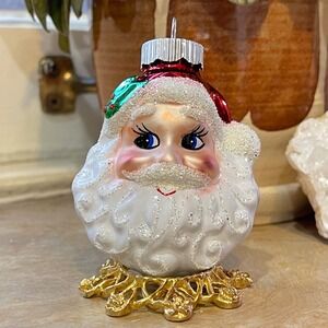 Radko Shiny Brite Glitter‎ Santa face head tree Ornament Red Green MCM retro
